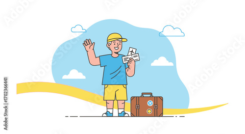 Cheerful Traveler Waves Hand While Showing Flight Tickets And Luggage