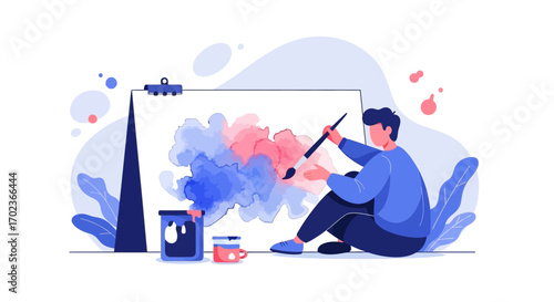 Creative Artist Working On Colorful Artwork, Illustrating Innovative Design With Paint and Brush