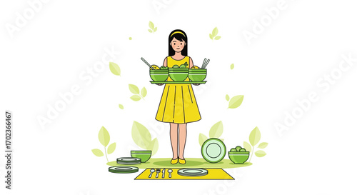 Cheerful Waitress Presenting Freshly Prepared Meals For An Elegant Table Design