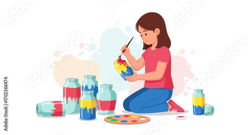 Creative Child Customizing Glass Jars With Colorful Paint Splashes For Crafts And Hobbies