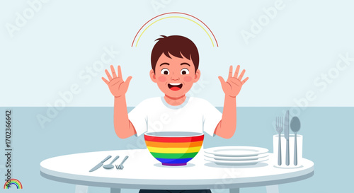 Cheerful Young Boy Enjoys Colorful Rainbow Bowl And Meal On A Tabletop Surface