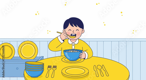 Cheerful Youngster Delights In Eating Healthy Meal At Table, Illustrative Cartoon