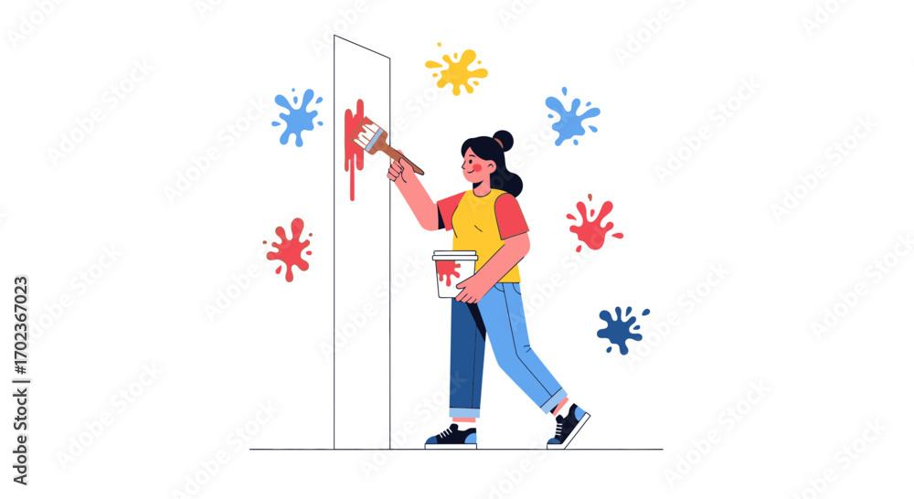 Fototapeta premium Creative Woman Painting Wall with Brush, Colorful Paint Splashes Around Her