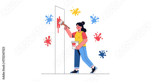 Creative Woman Painting Wall with Brush, Colorful Paint Splashes Around Her