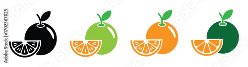 Vector art of four colorful illustrations of oranges, each in a different hue, , showcasing the fruits round shape, green leaf, and a slice with visible segments