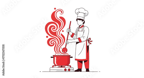 Chef at Work: Culinary Creation with Ladle and Pot, Cooking Illustration