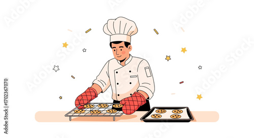 Chef Baking Fresh Cookies in a Bright Kitchen, Bringing Joy and Sweet Delights