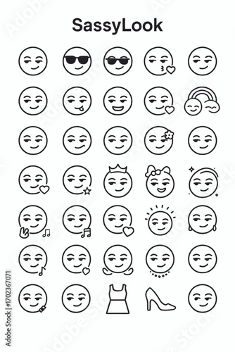 Minimalist line art emoticon set with sassy and fun expressions. Vector icon pack of various smiley faces and characters for modern digital communication