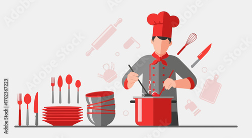 Chef Cooking Culinary Illustration: A Red-Themed Vector Depiction Of Food Preparation