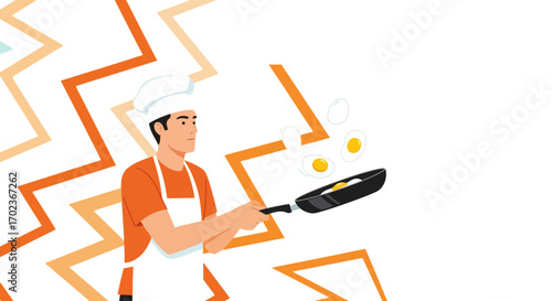 Chef Cooking Fried Eggs In A Frying Pan With Modern Abstract Design and Bright Colors