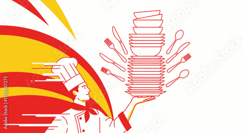 Culinary Acrobatics: A Chef Balancing Dishes with Speed and Precision for Service