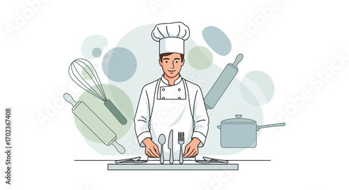 Culinary Artist Standing Ready For Cooking With Kitchen Utensils Ready To Go