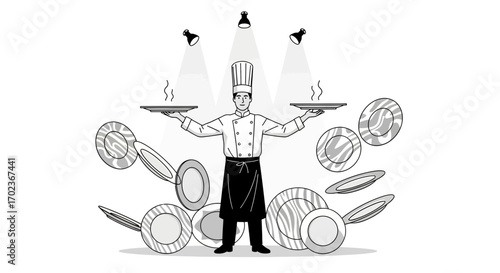 Culinary Artistry: A Chef Balancing Plates, Serving Delicious Creations, Professional Presentation