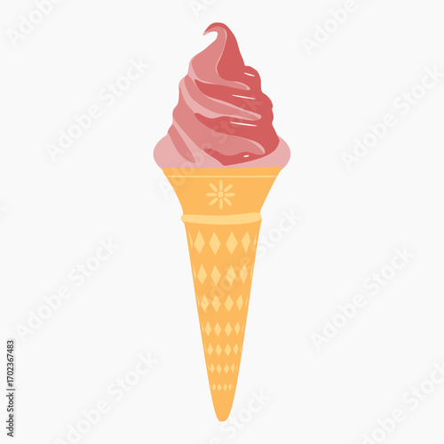 Ice cream vector. Soft pink ice cream in a brown waffle cone. Melted ice cream