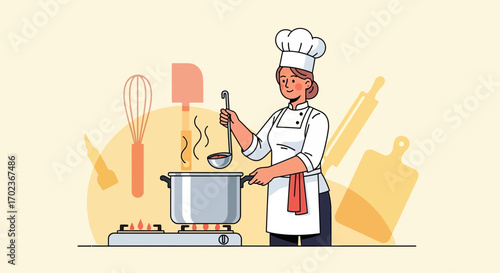 Culinary Artistry Depicted: Chef Preparing Delicious Meal In Kitchen Setting Illustration