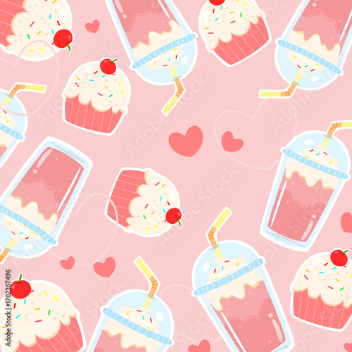 Strawberry milkshake and cupcake seamless pattern with pink decoration background. Can be used for wallpaper, print, paper wrapping, fashion fabric