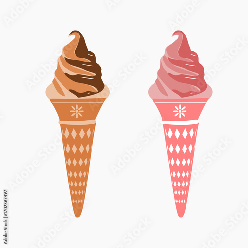 Ice cream vector set. Chocolate and soft pink ice cream in a waffle cone. Melted ice cream