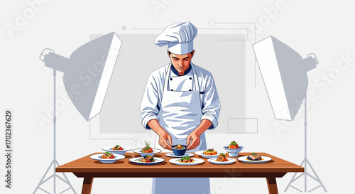 Culinary Craftsmanship: A Chef's Artistry Showcased With Food Plating under Lights