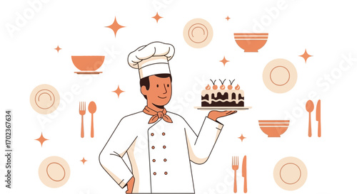 Chef Displaying Cake: Culinary Artistry and Sweet Confection Delightful Presentation