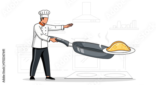 Chef Displays Prepared Pancake From Frying Pan With Culinary Skill in Modern Kitchen