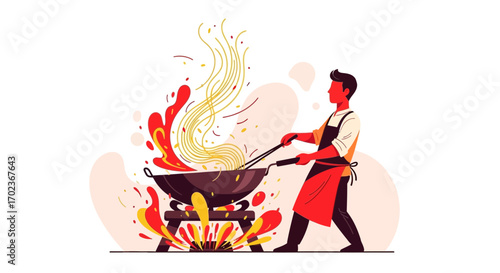 Culinary Creation: A Dynamic Vector Illustration of a Chef Masterfully Cooking Noodles