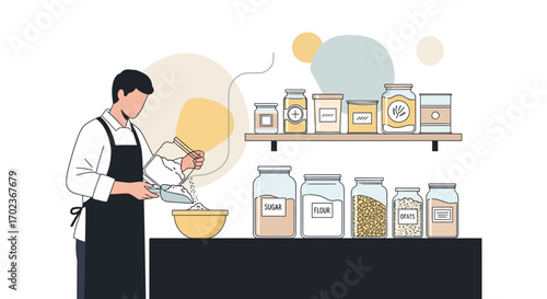 Chef Disclosing Flour For Baking, With Jar Organization Illustration, Conceptual Art