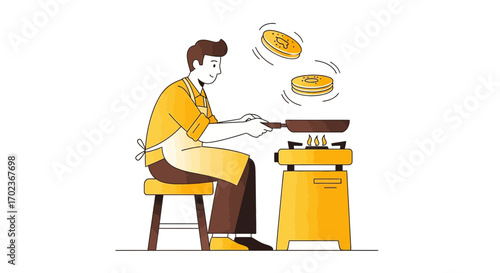 Chef Expertly Flipping Pancakes In A Pan Creating Delicious Home Cooked Breakfast
