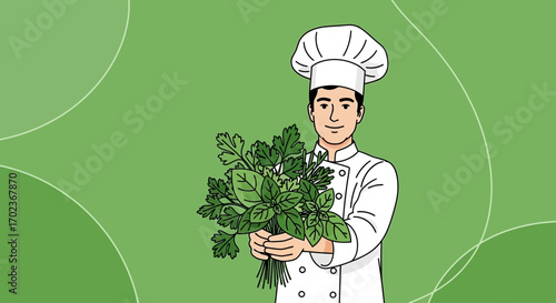 Chef Holding Herbs, Preparing Gourmet Cuisine, Fresh Ingredients, Culinary Illustration