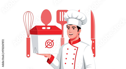 Chef Holding Food Delivery with No Restriction Sign for Culinary Service, Restaurant, or Kitchen