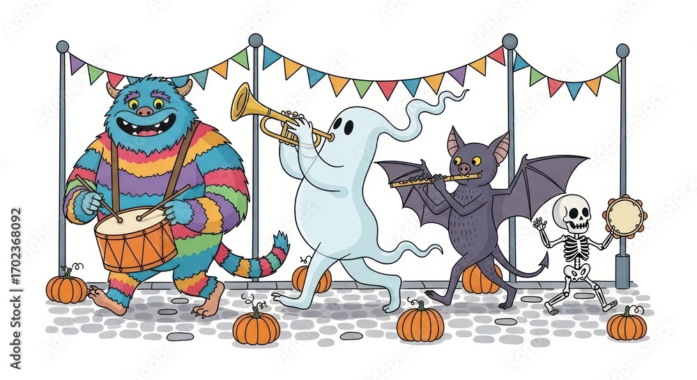 Naklejka premium Colorful Halloween characters including a blue monster, ghost, bat, and skeleton dancing on a cobblestone street with pumpkins and festive bunting, conveying a spooky yet playful mood.
