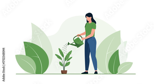Cultivating Nature: A Young Woman Nurturing Plant Life Within Her Green Oasis