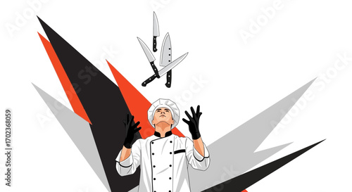 Chef Juggling Cleavers With Style Against Abstract Background is ready now