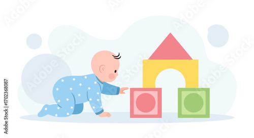 Curious Baby Playing With Colorful Building Blocks Exploring Early Childhood Development
