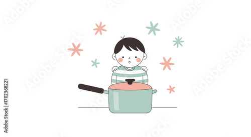 Curious Child Contemplating Over A Pastel Colored Pot With Festive Decorated Background