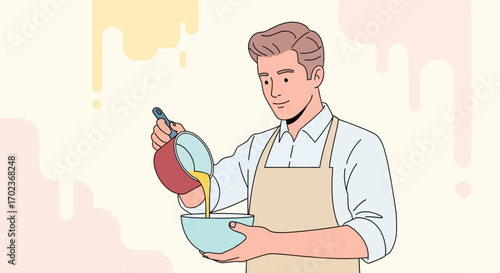 Chef Pouring Liquid Into a Bowl, Culinary Illustration in Modern Graphic Style
