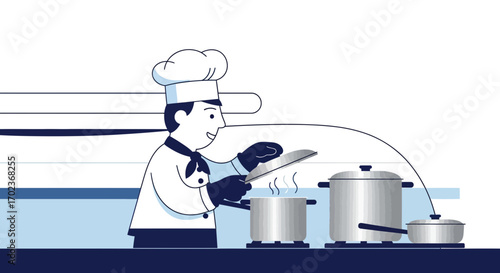 Chef Prepares Culinary Delights In Modern Kitchen Setting With Steaming Pots