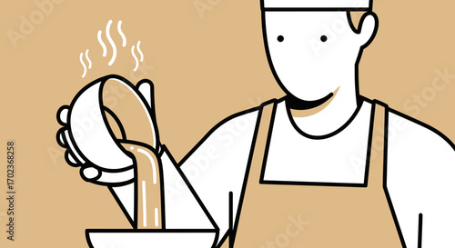 Chef Pouring Food Into Bowl, Minimalist Depiction Of Culinary Process At Work