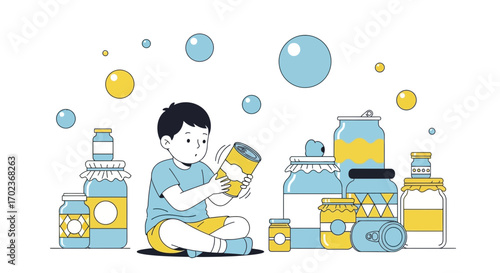 Curious Child Inspecting Canned Goods Surrounded By Bubbles And Preserved Containers Presentation