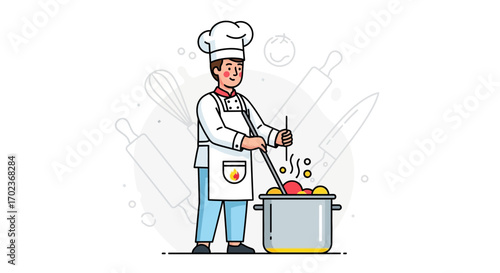 Chef Prepares Delicious Dish, Cooking, Stirring, With Kitchen Utensils, Food Preparation