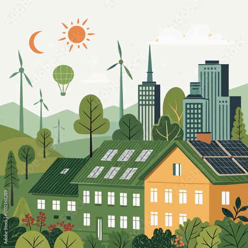 Sustainable city skyline with renewable energy sources, including wind turbines, solar panels, and green architecture, bathed in sunlight