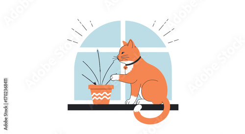 Curious Orange Cat Examining a Potted Plant by a Window in Vector Style
