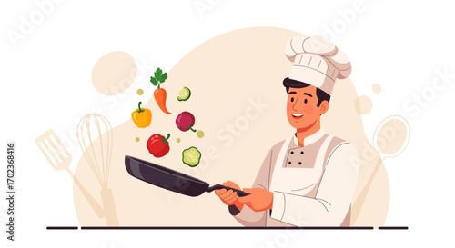 Chef Preparing Colorful Fresh Ingredients in a Frying Pan For Culinary Delights