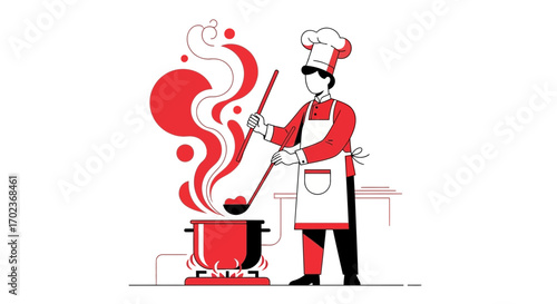 Chef Preparing Culinary Delights, Featuring a Vivid Illustration of Dining and Cooking
