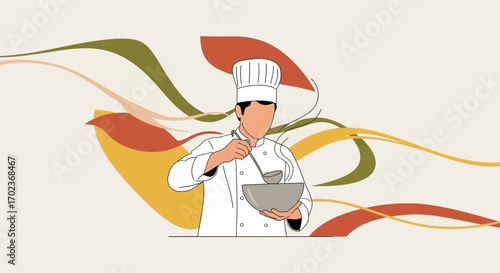 Chef Preparing Culinary Delights With Modern Graphics And Abstract Artistic Composition