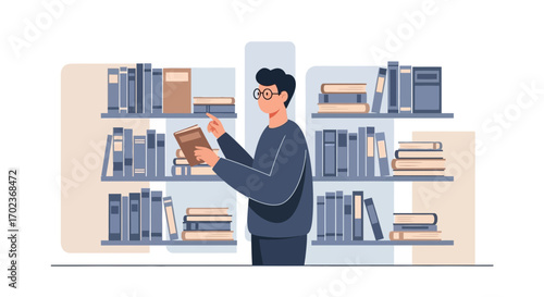 Curious Reader Examines a Book in a Well Stocked Library, Surrounded by Knowledge