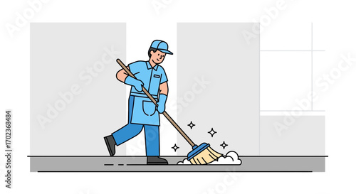 Custodian Using Broom Cleans Thoroughly In A Fresh And Sparkling Environment