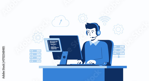 Customer Service Professional Working on Computer Providing Technical Support Information