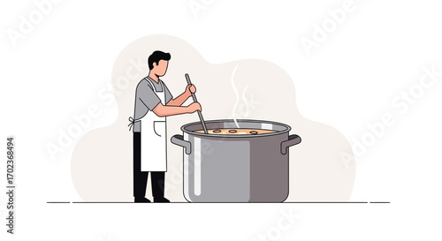 Chef Preparing Delicious Dish in Large Pot, Simple Illustration, Editorial Culinary Concept