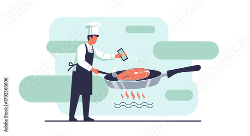 Chef Preparing Delicious Salmon Dish in A Pan, Culinary Art Illustration