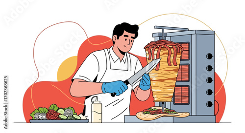 Chef Preparing Delicious Shawarma in a Modern Illustrated Style for Culinary Content